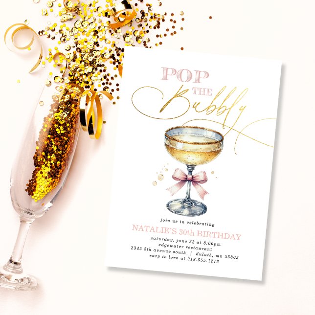 Invitación Pop el Bubbly Champagne Pink Bow Cumpleaños (Pop the Bubbly Champagne Pink Bow Birthday Invitation)