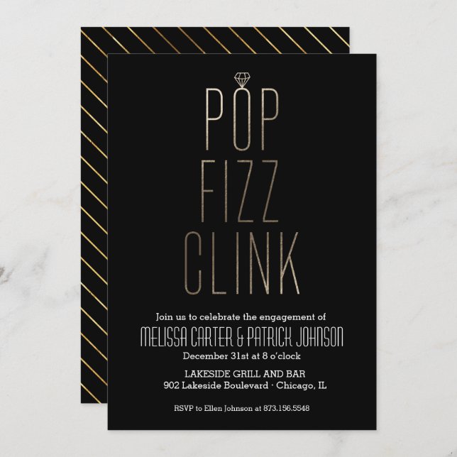 Invitación Pop Fizz Clink Engagement Party en Faux Relieve me (Anverso / Reverso)