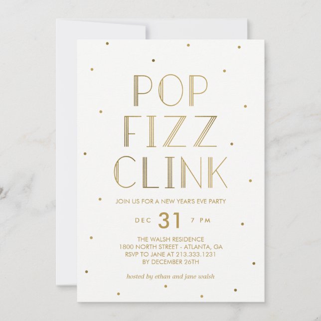 Invitación Pop Fizz Clink Fiesta de Año Nuevo Fiesta de Noche (Anverso)