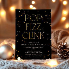 Invitación Pop Fizz Clink Fiesta de Nochevieja de Oro Negro