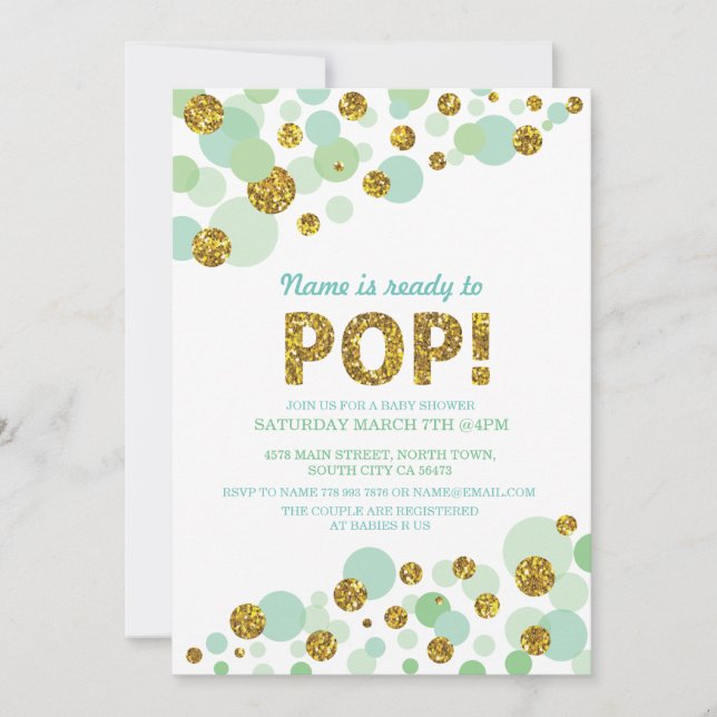 Invitación Pop Gender Reveal Baby Shower Mint Gold Invite (Anverso)