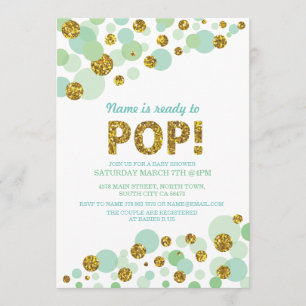 Invitación Pop Gender Reveal Baby Shower Mint Gold Invite
