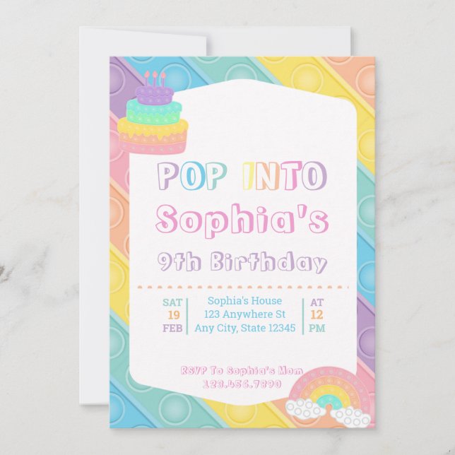 Invitación Pop It Birday Party Pastel Pop Bubble Fidget (Anverso)