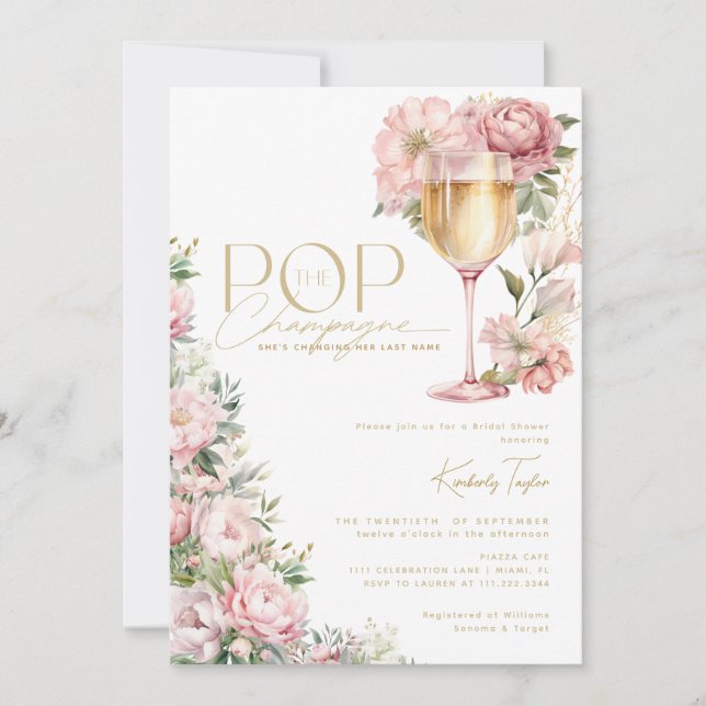 Invitación Pop La Ducha De Novias Rosa Floral De Champagne (Anverso)