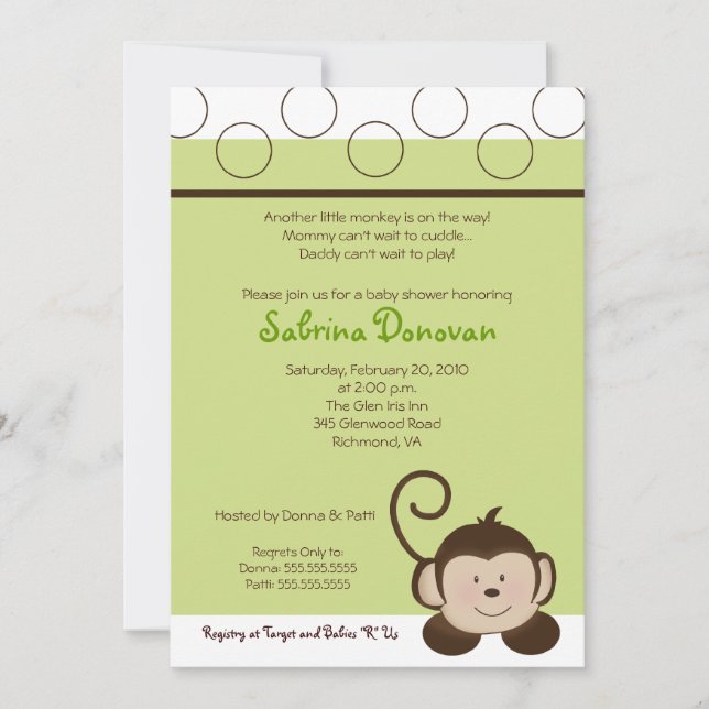 Invitación POP MONKEY 5x7 Green Neutral BABY SHOWER (Anverso)