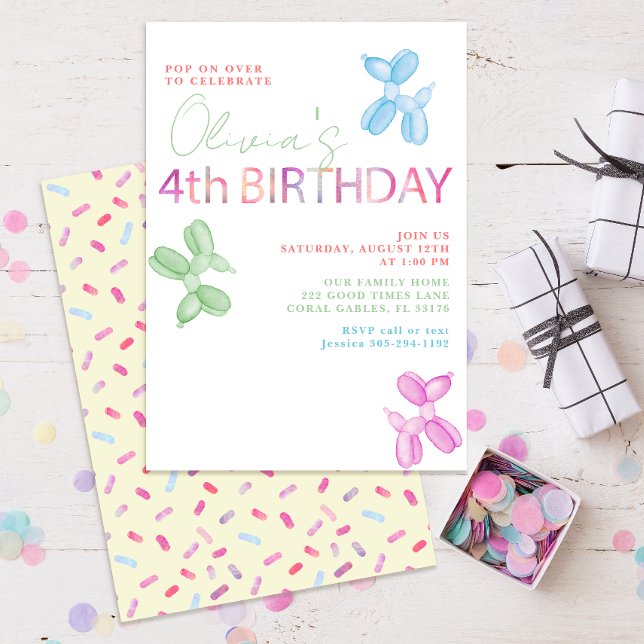 Invitación Pop on Over 4 Birthday Balloon Dog Invite (colorful pastel fourth birthday party balloon invitation for kids)