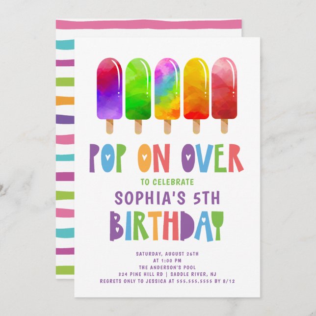 Invitación Pop On Over Popsicles Fiesta de Cumpleaños (Anverso / Reverso)