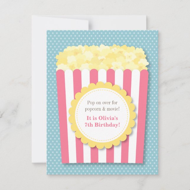Invitación Pop Over Popcorn Movie Night Pastel Birday Party (Anverso)