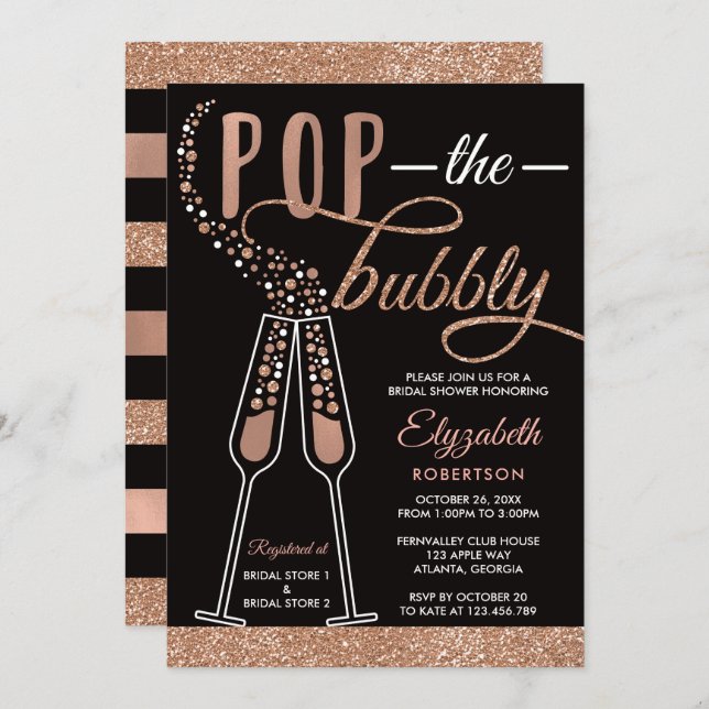 Invitación Pop The Bubbly Bridal Shower, Faux Gold (Anverso / Reverso)