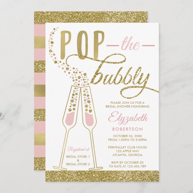 Invitación Pop The Bubbly Bridal Shower, Faux Gold (Anverso / Reverso)