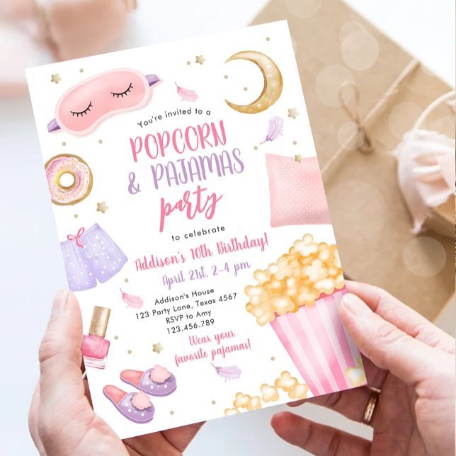 Invitación Popcorn Pajamas Sleepover Fiesta de la madera Cump (Subido por el creador)