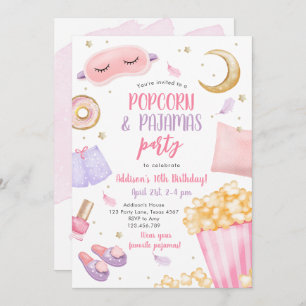 Invitación Popcorn Pajamas Sleepover Fiesta de madera Cumplea