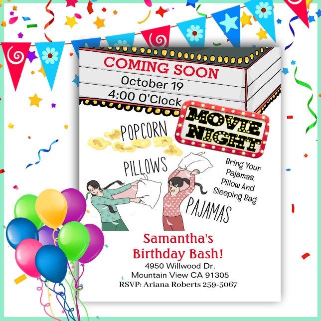 Invitación Popcorn Pillows Pajamas Chica Noche Cumpleaños (Subido por el creador)