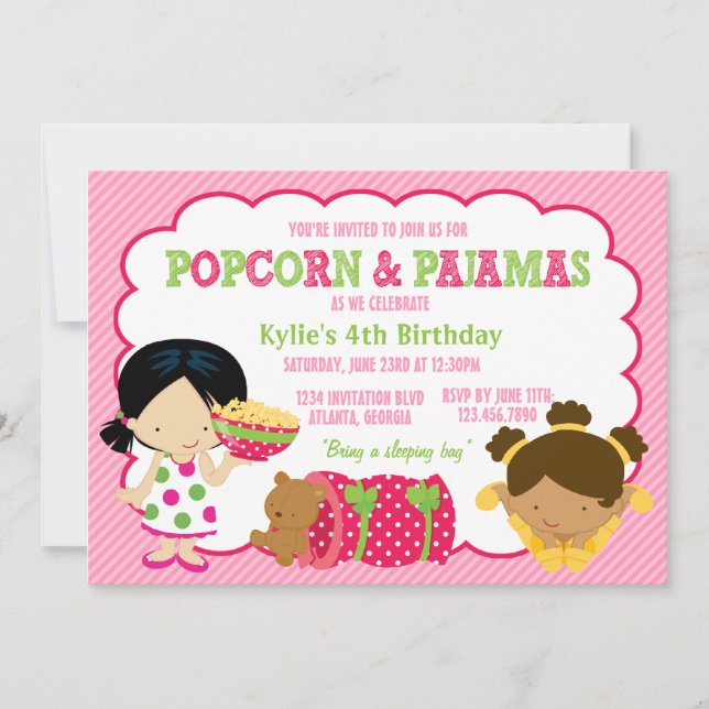 Invitación Popcorn y Pajamas Sleepover Fiesta (Anverso)