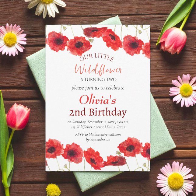 Invitación Poppies 2nd Second Birthday Girl Red Floral  (Subido por el creador)