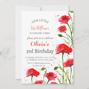 Invitación Poppies 3er cumpleaños Chica Red Floral