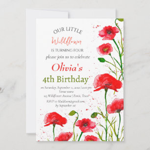 Invitación Poppies 4º Chica de cumpleaños, amapola roja flora