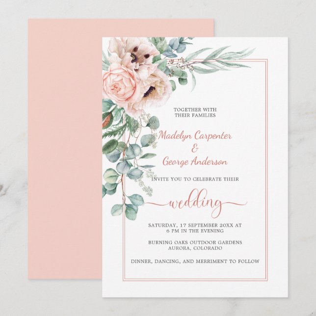 Invitación Poppies de marfil rosado de Rubor y Boda de tramas (Anverso / Reverso)