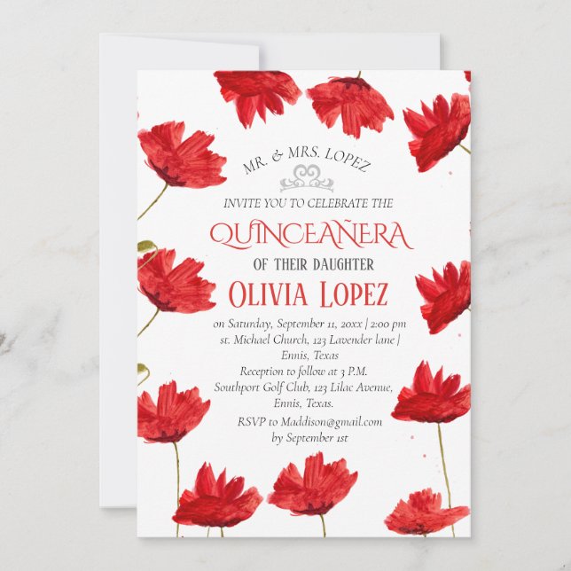 Invitación Poppies modernos Quinceañera Red Floral Cumpleaños (Anverso)