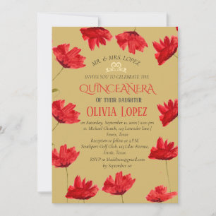 Invitación Poppies modernos Quinceañera Red Floral Cumpleaños