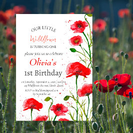 Invitación Poppies Primer Chica de Cumpleaños Red Floral