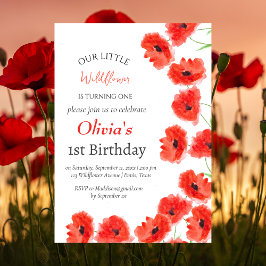 Invitación Poppies Primer Chica de Cumpleaños Red Floral