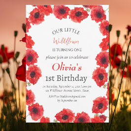 Invitación Poppies Primer Chica de Cumpleaños Red Floral