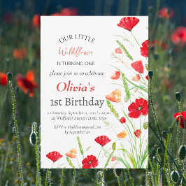 Invitación Poppies Primer Chica de Cumpleaños Red Floral