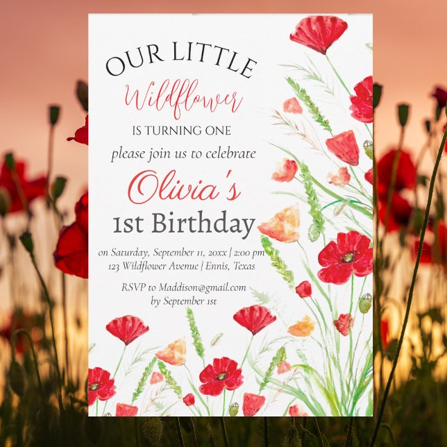 Invitación Poppies Primer Chica de Cumpleaños Red Floral (Subido por el creador)