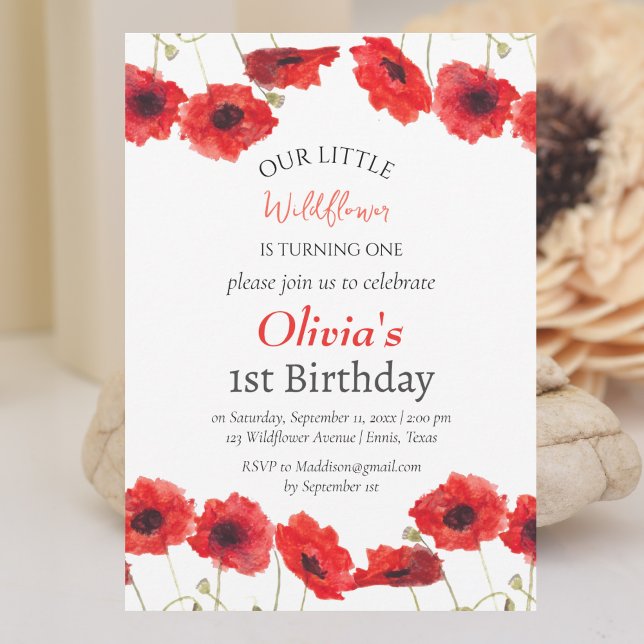 Invitación Poppies Primer Chica de Cumpleaños Red Floral (Subido por el creador)