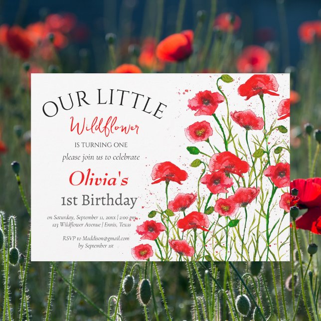 Invitación Poppies Primer Chica de Cumpleaños Red Floral (Subido por el creador)