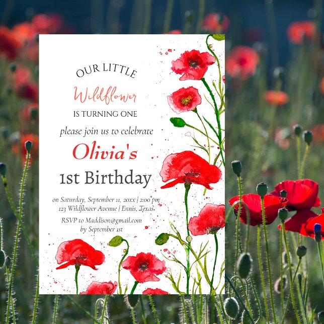 Invitación Poppies Primer Chica de Cumpleaños Red Floral (Subido por el creador)
