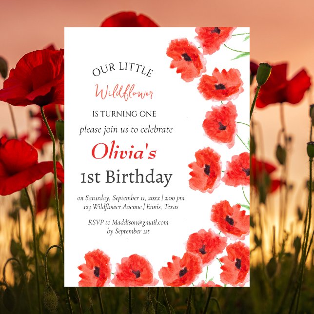 Invitación Poppies Primer Chica de Cumpleaños Red Floral (Subido por el creador)