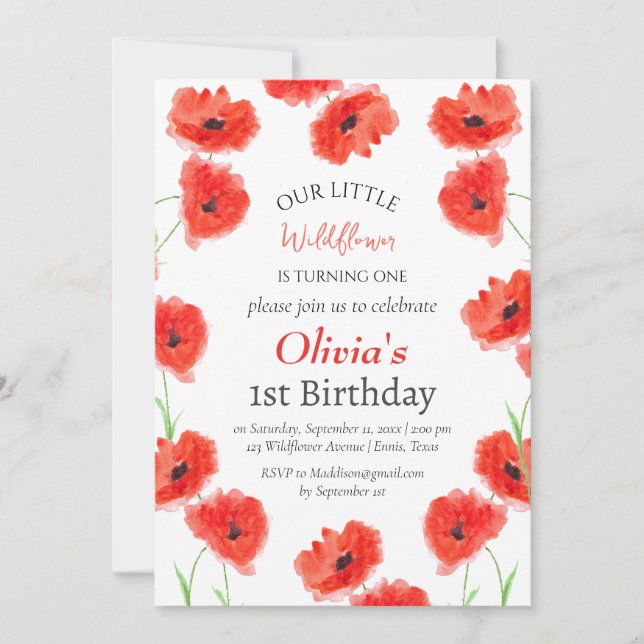Invitación Poppies Primer Chica de Cumpleaños Red Floral (Anverso)