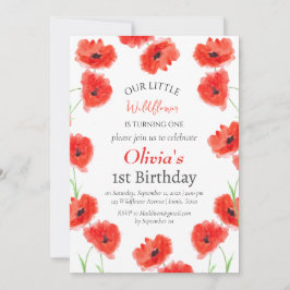 Invitación Poppies Primer Chica de Cumpleaños Red Floral