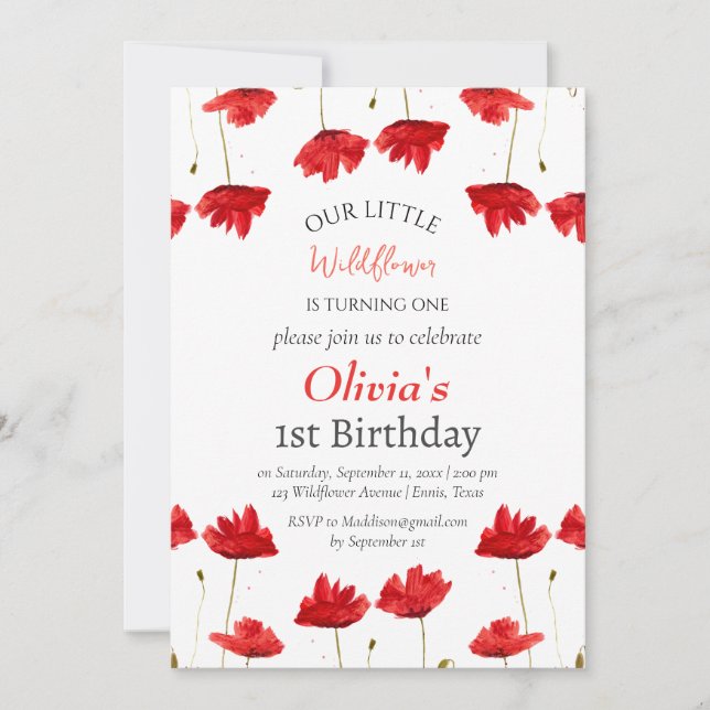 Invitación Poppies Primer Chica de Cumpleaños Red Floral (Anverso)