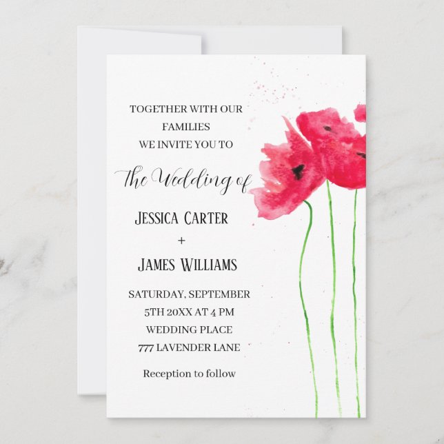 Invitación Poppies Rojos Acuarela Rústica matrimonio elegante (Anverso)