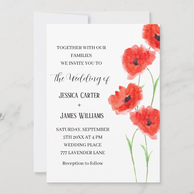 Invitación Poppies Rojos Acuarela Rústica matrimonio elegante (Anverso)