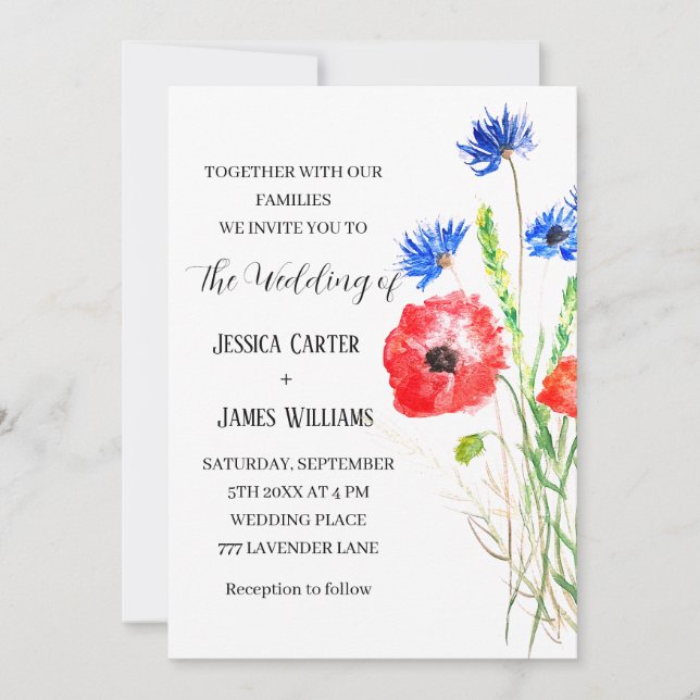 Invitación Poppies Rojos Acuarela Rústica matrimonio elegante (Anverso)