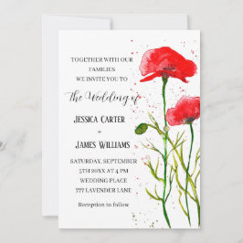 Invitación Poppies Rojos Acuarela Rústica matrimonio elegante