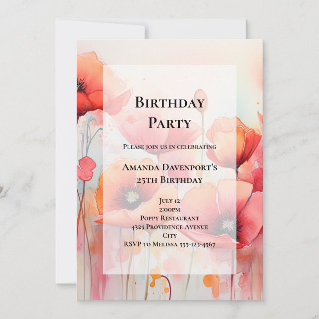 Invitación Poppies rojos en un acuarela de campo (Anverso)