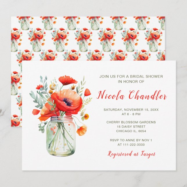 Invitación Poppies rojos Mason Jar Bridal Shower (Anverso / Reverso)