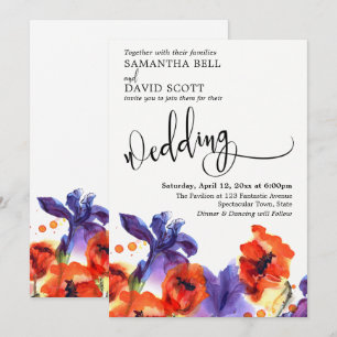 Invitación Poppies rojos, morado Iris acuarela Boda moderno