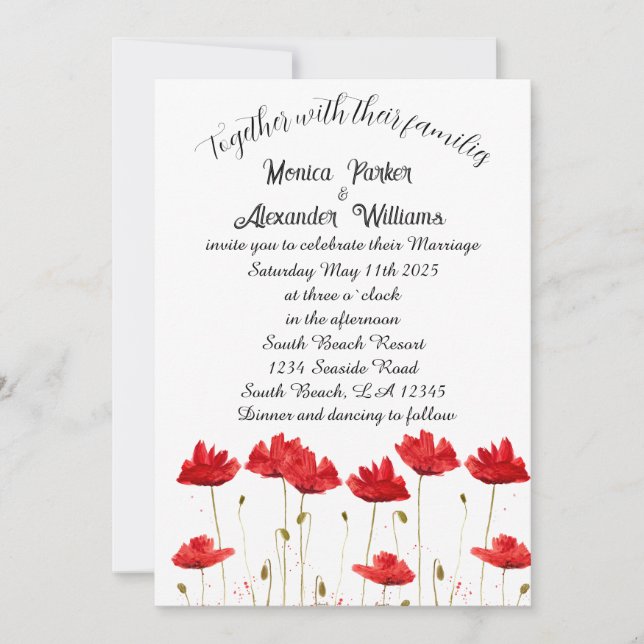 Invitación Poppies Rojos Poppy Elegante Boda Floral Mínimo (Anverso)
