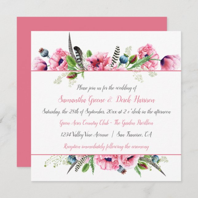 Invitación Poppies rosados estilo Boho Fethers Greenery Boda (Anverso / Reverso)