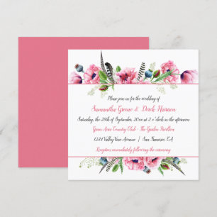 Invitación Poppies rosados estilo Boho Fethers Greenery Boda