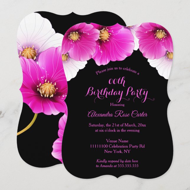 Invitación Poppies rosados florales Black Birday Party (Anverso / Reverso)