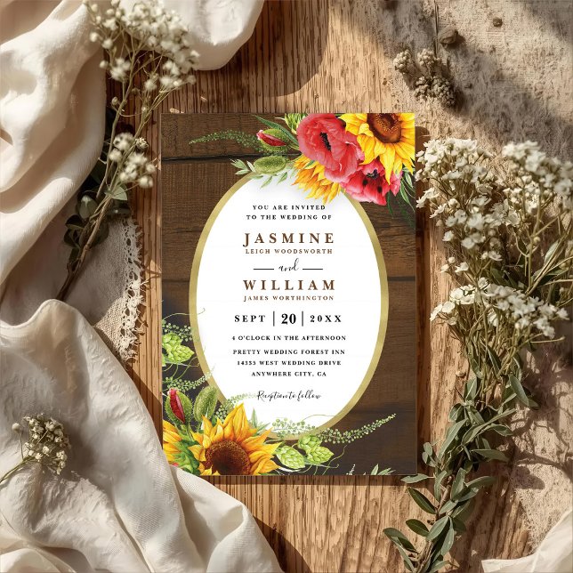 Invitación Poppies Sunflowers Rustic Elegant QR Code Wedding (Subido por el creador)