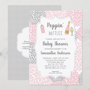 Invitación Poppin embotella Baby Shower floral gris rosado