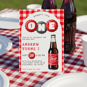 Invitación Poppin In One Soda Plaid Red Primer Fiesta de Cump